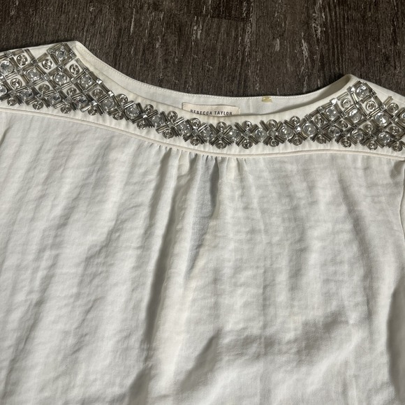 Rebecca Taylor Womens White Silk‎ Beaded Blouse Size 2 Keyhole Back 3/4 Sleeve - Picture 2 of 9